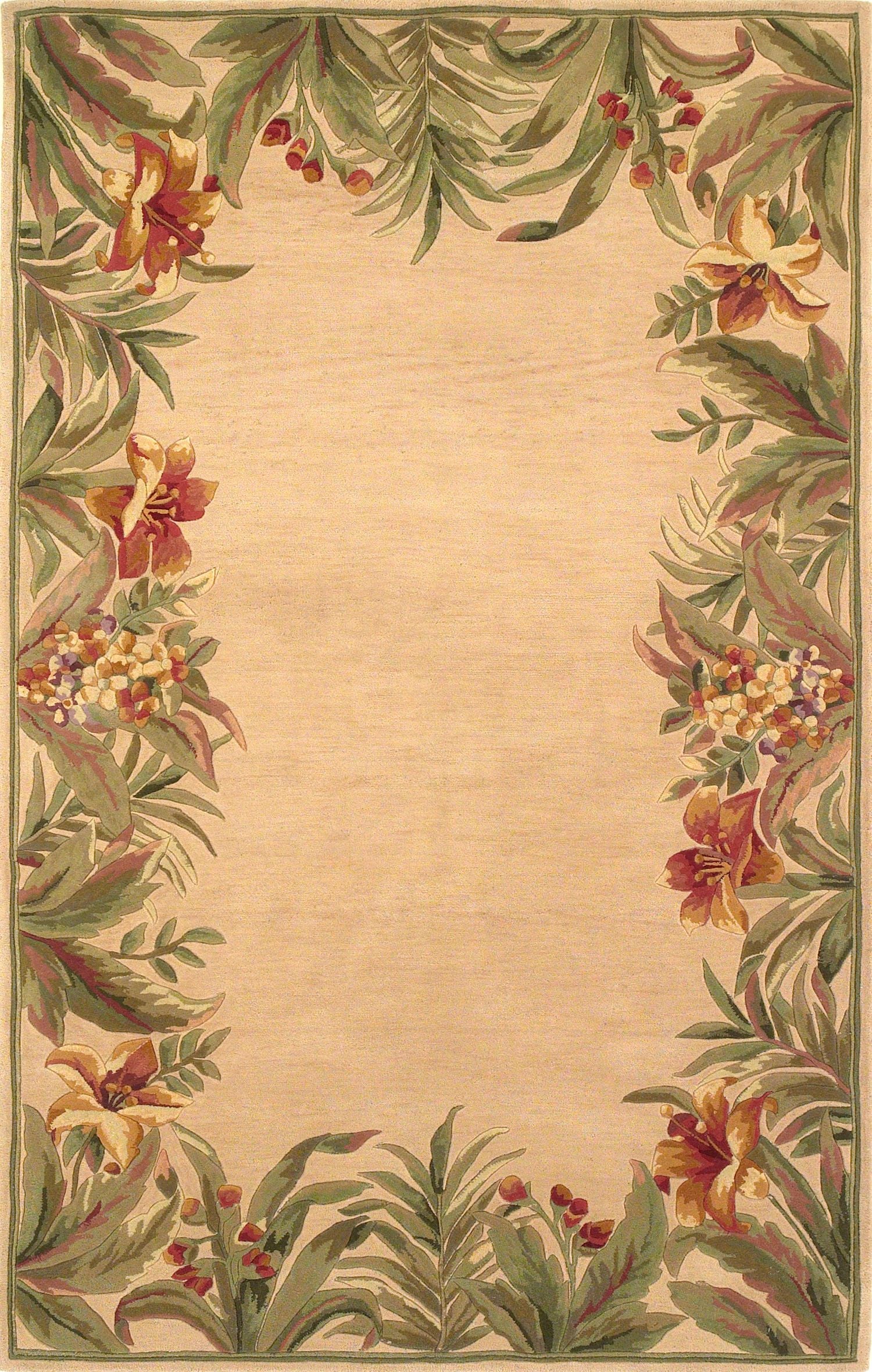 8' X 11' Beige Red And Green Wool Tropical Floral Hand Tufted Area Rug-Area Rugs-DECOROLALA