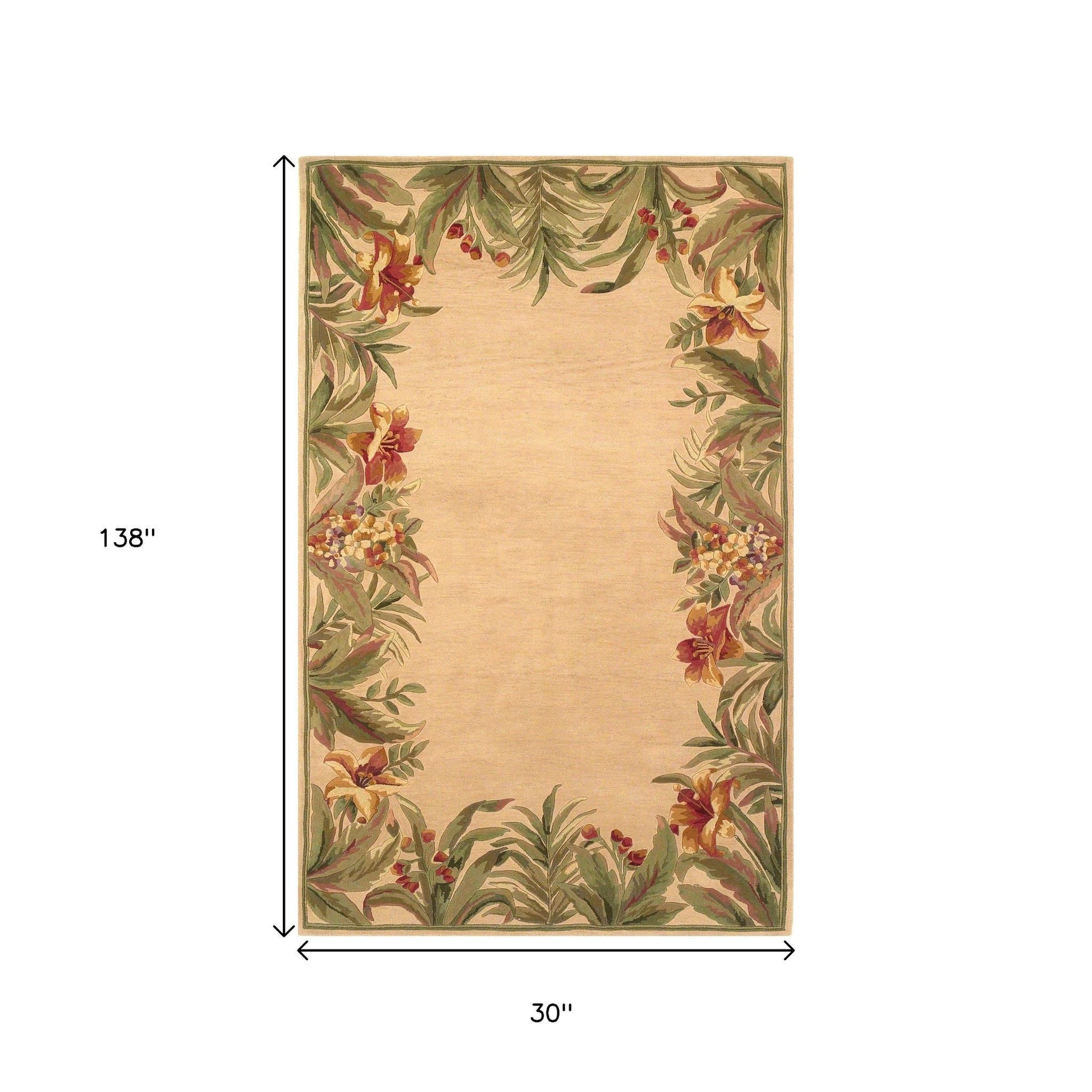 8' X 11' Beige Red And Green Wool Tropical Floral Hand Tufted Area Rug-Area Rugs-DECOROLALA