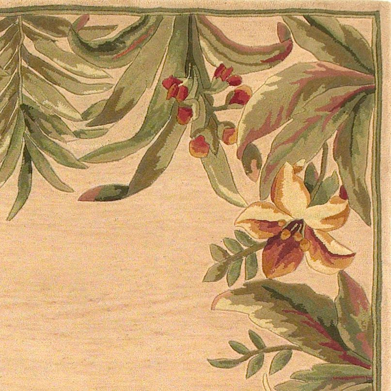 8' X 11' Beige Red And Green Wool Tropical Floral Hand Tufted Area Rug-Area Rugs-DECOROLALA