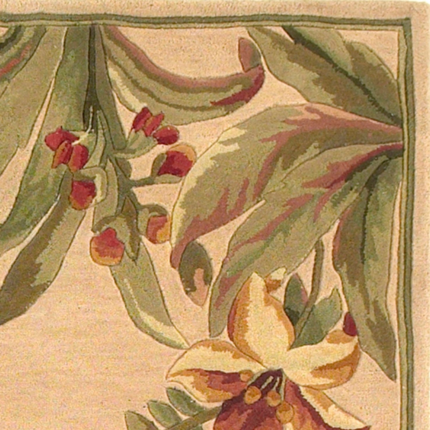 8' X 11' Beige Red And Green Wool Tropical Floral Hand Tufted Area Rug-Area Rugs-DECOROLALA