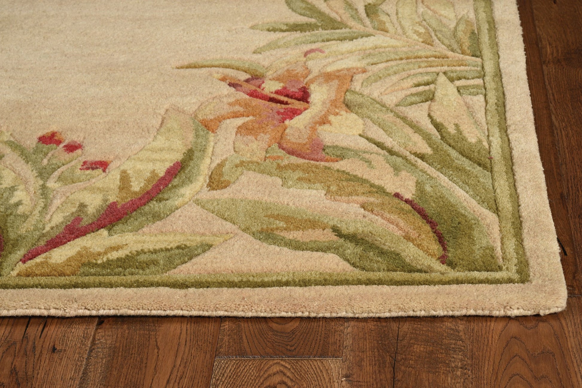 8' X 11' Beige Red And Green Wool Tropical Floral Hand Tufted Area Rug-Area Rugs-DECOROLALA