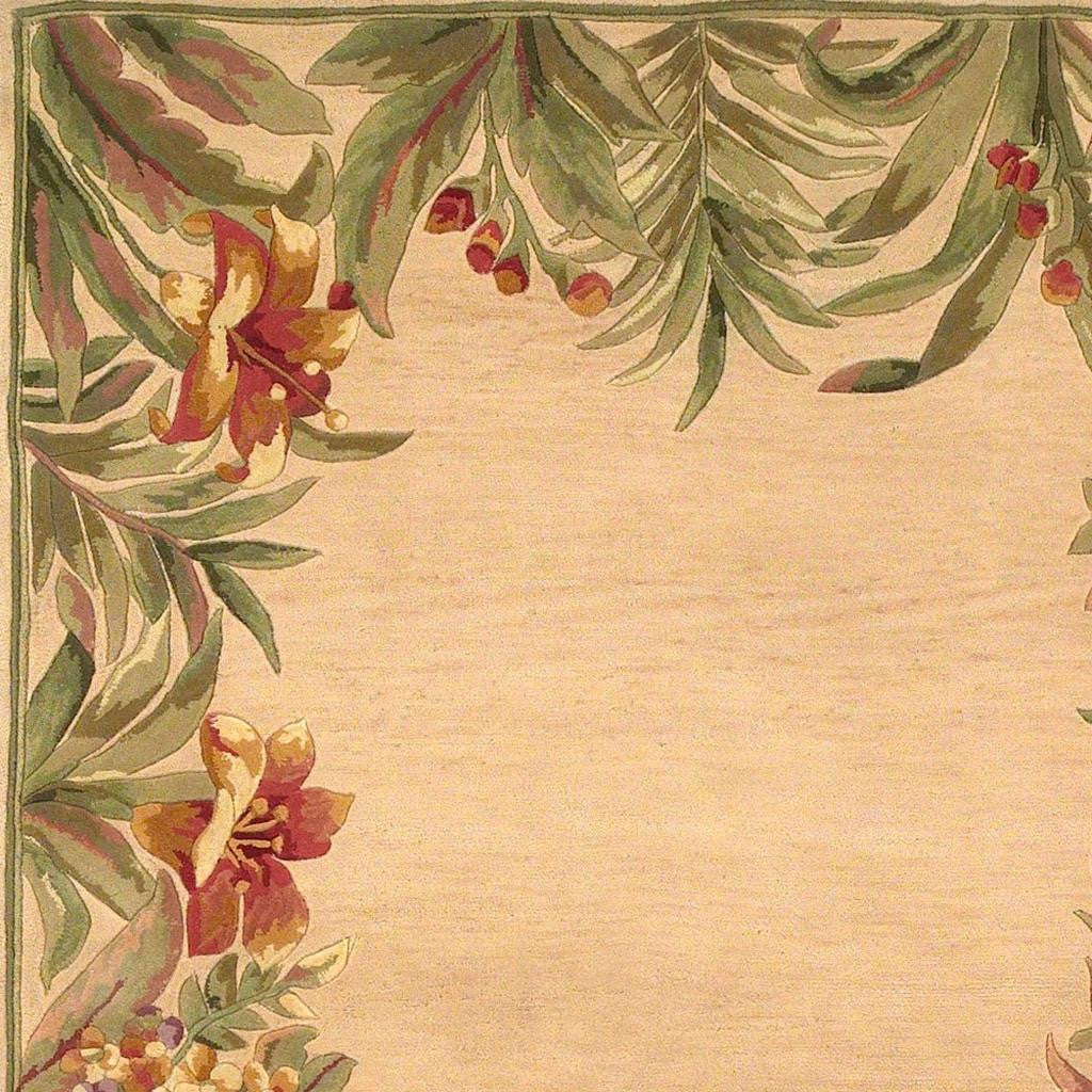 8' X 11' Beige Red And Green Wool Tropical Floral Hand Tufted Area Rug-Area Rugs-DECOROLALA