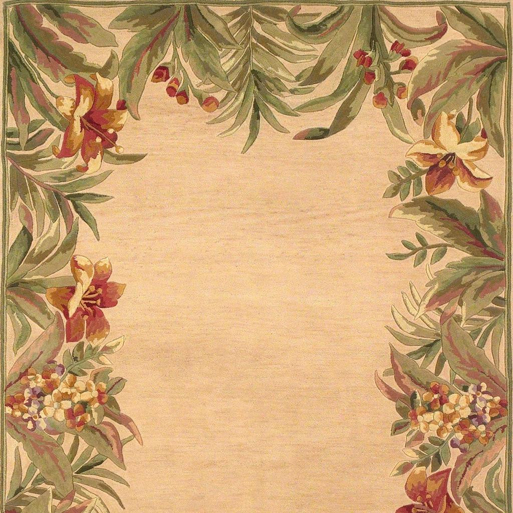 8' X 11' Beige Red And Green Wool Tropical Floral Hand Tufted Area Rug-Area Rugs-DECOROLALA