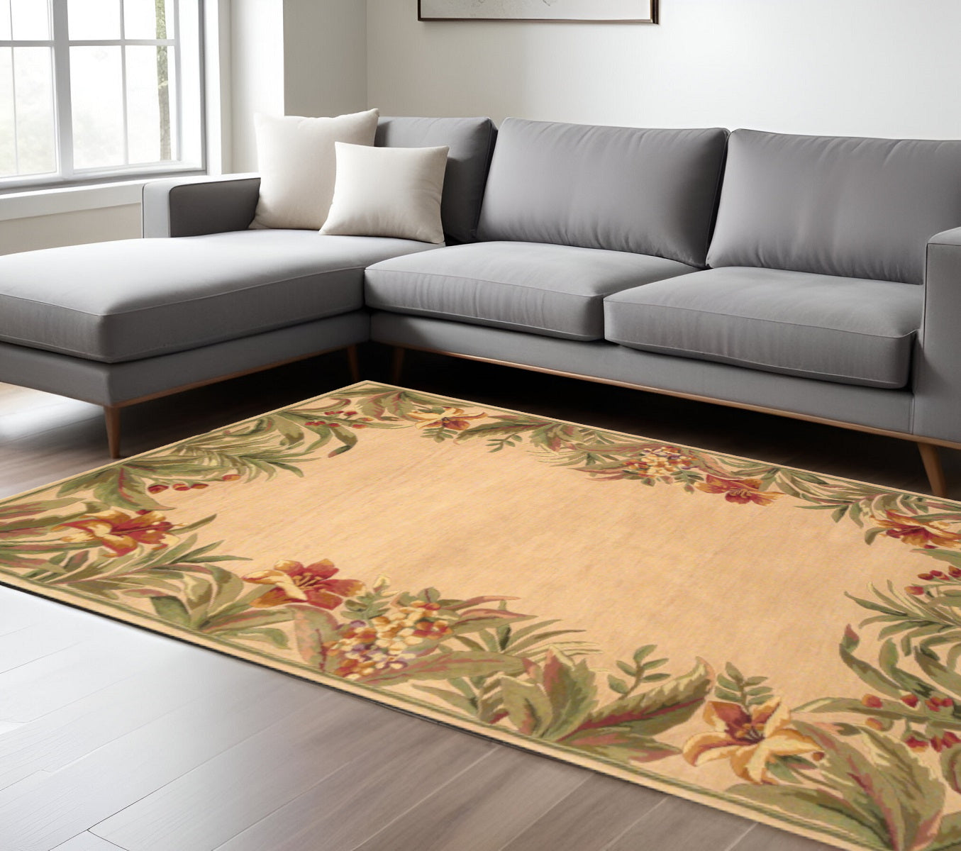 8' X 11' Beige Red And Green Wool Tropical Floral Hand Tufted Area Rug-Area Rugs-DECOROLALA