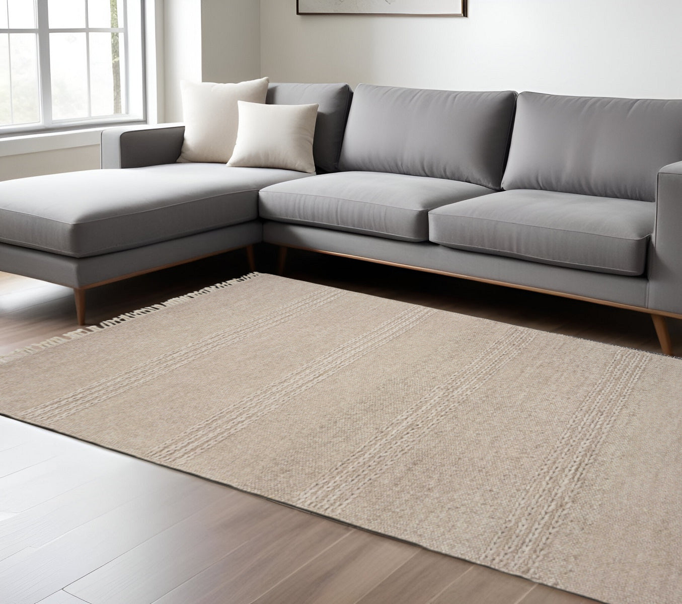 8' X 11' Beige Wool Hand Woven Area Rug-Area Rugs-DECOROLALA