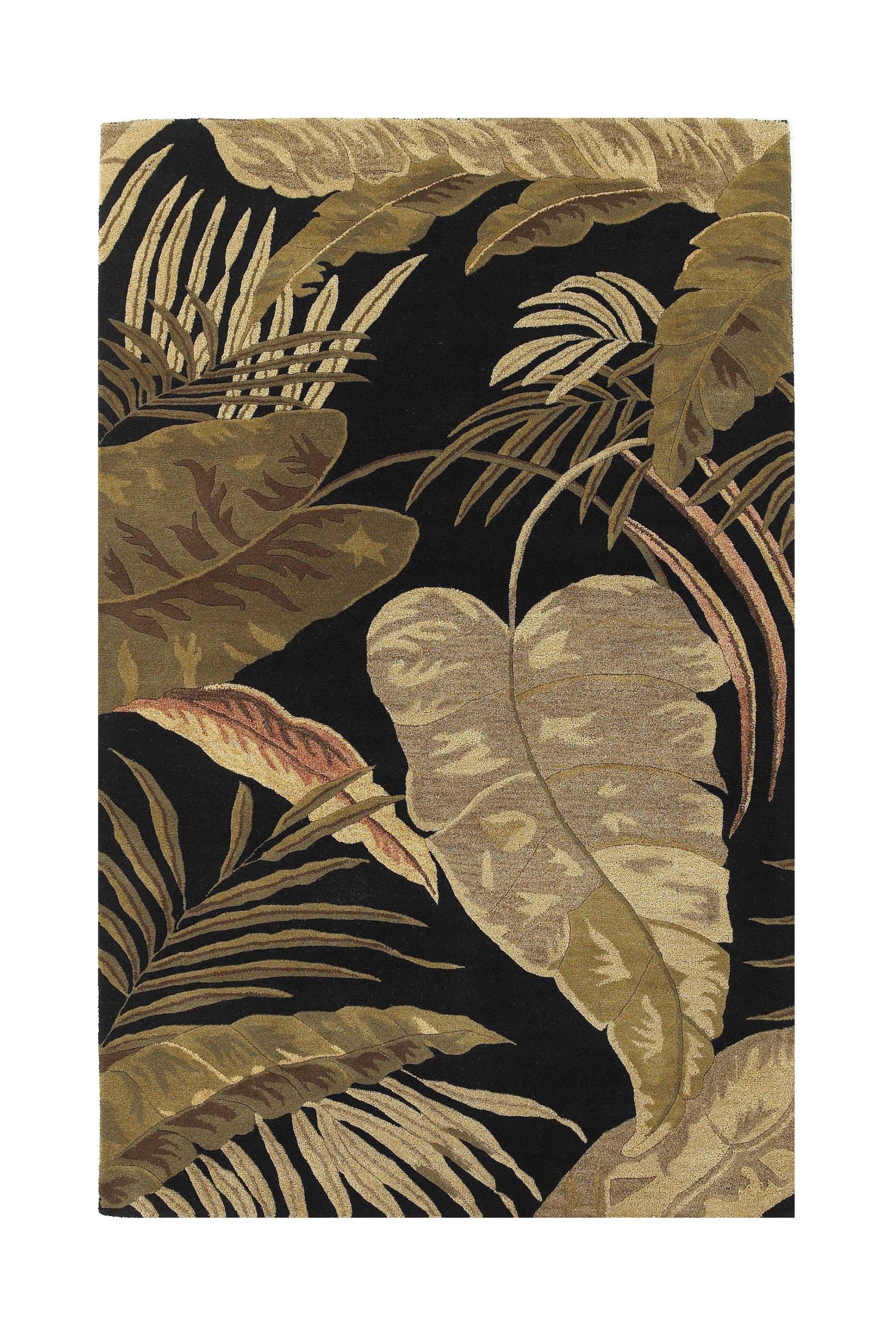 8' X 11' Black Beige And Brown Wool Botanical Leaves Hand Tufted Area Rug-Area Rugs-DECOROLALA