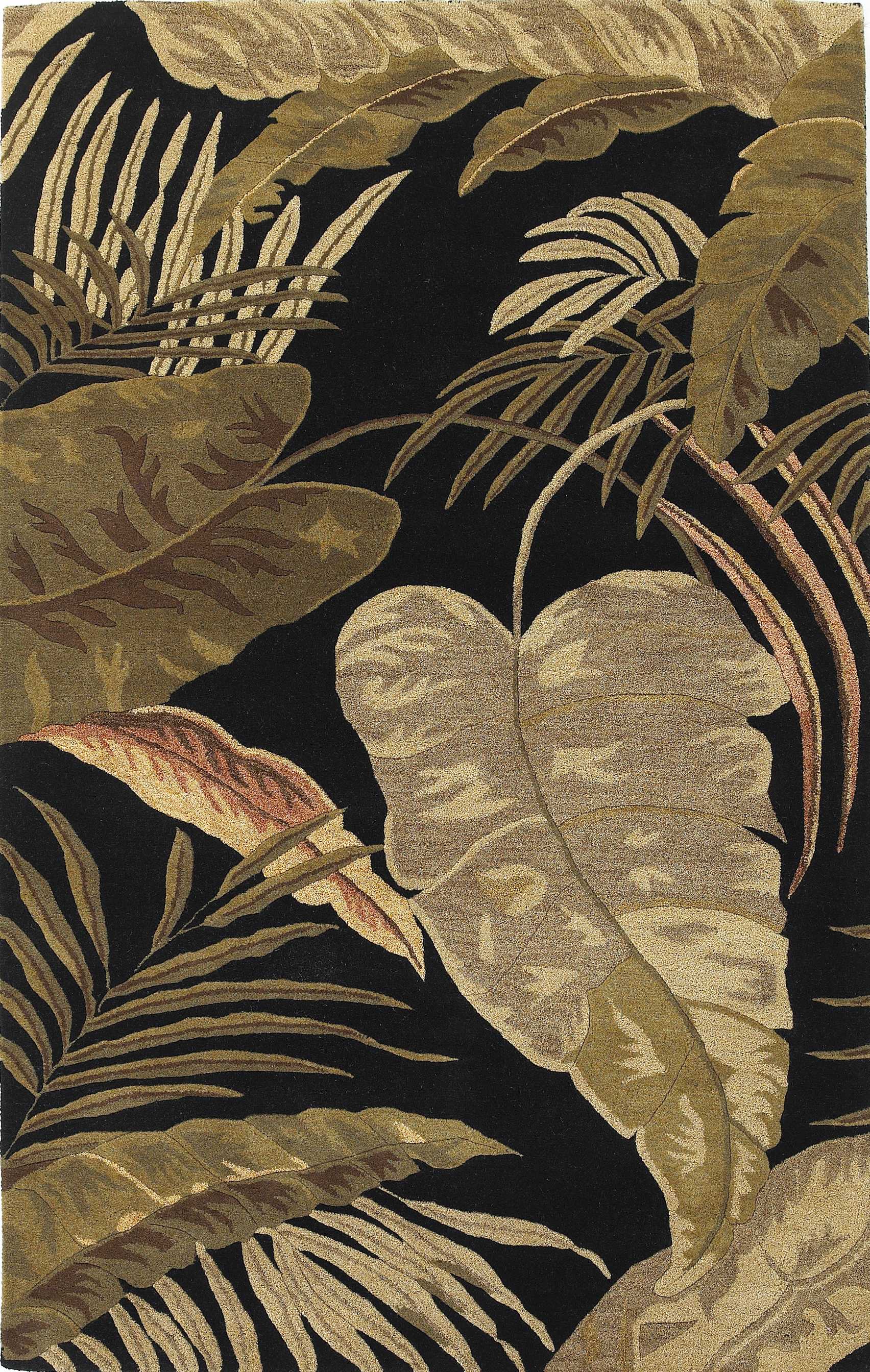 8' X 11' Black Beige And Brown Wool Botanical Leaves Hand Tufted Area Rug-Area Rugs-DECOROLALA