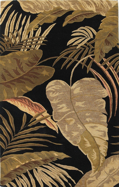 8' X 11' Black Beige And Brown Wool Botanical Leaves Hand Tufted Area Rug-Area Rugs-DECOROLALA