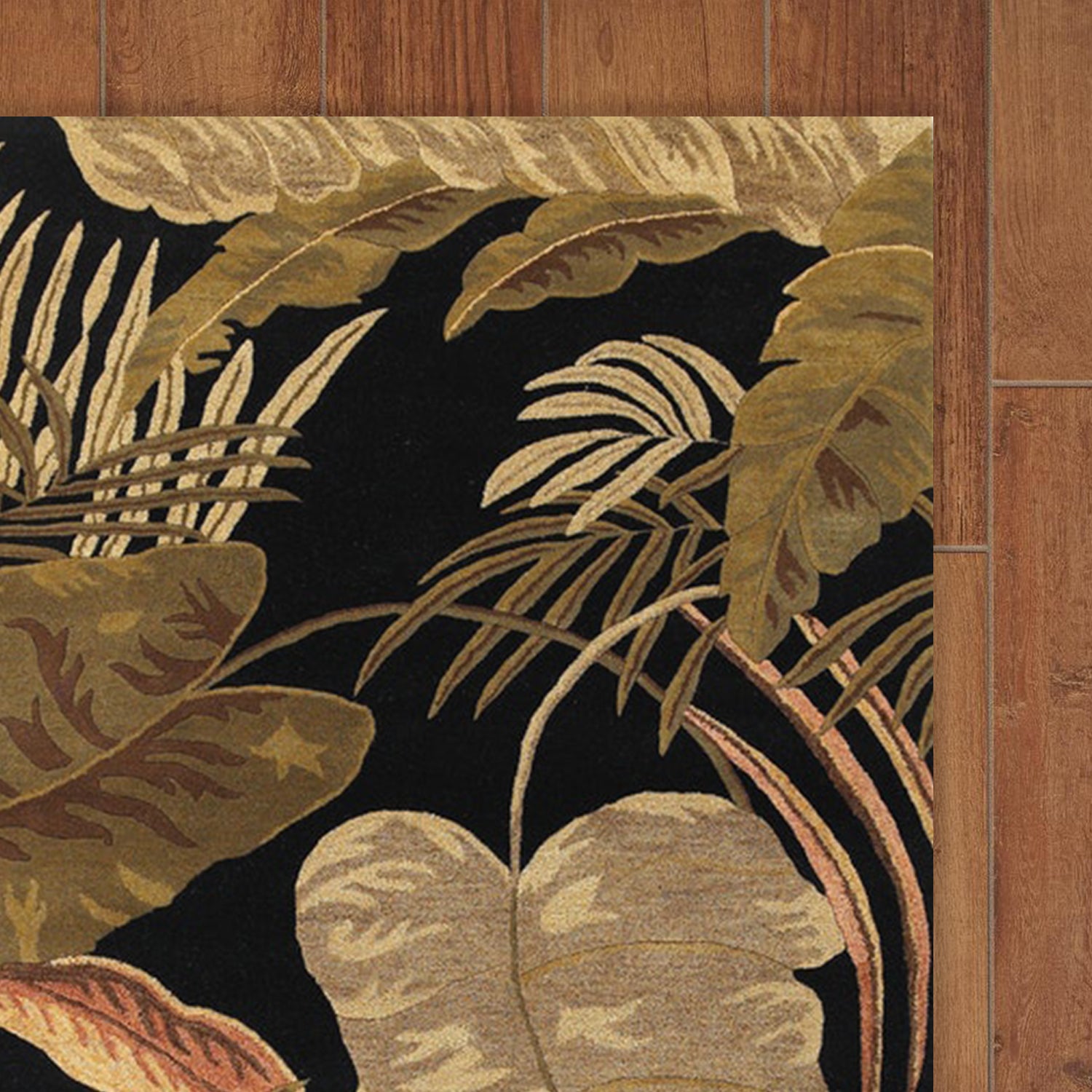 8' X 11' Black Beige And Brown Wool Botanical Leaves Hand Tufted Area Rug-Area Rugs-DECOROLALA