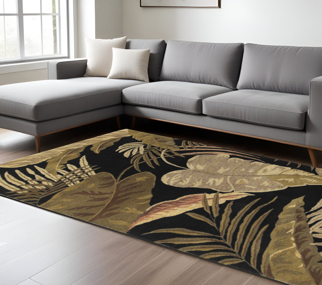 8' X 11' Black Beige And Brown Wool Botanical Leaves Hand Tufted Area Rug-Area Rugs-DECOROLALA