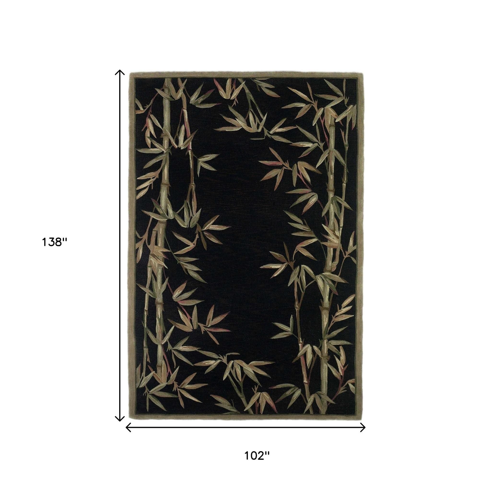 8' X 11' Black Green And Brown Wool Tropical Botanical Hand Tufted Area Rug-Area Rugs-DECOROLALA