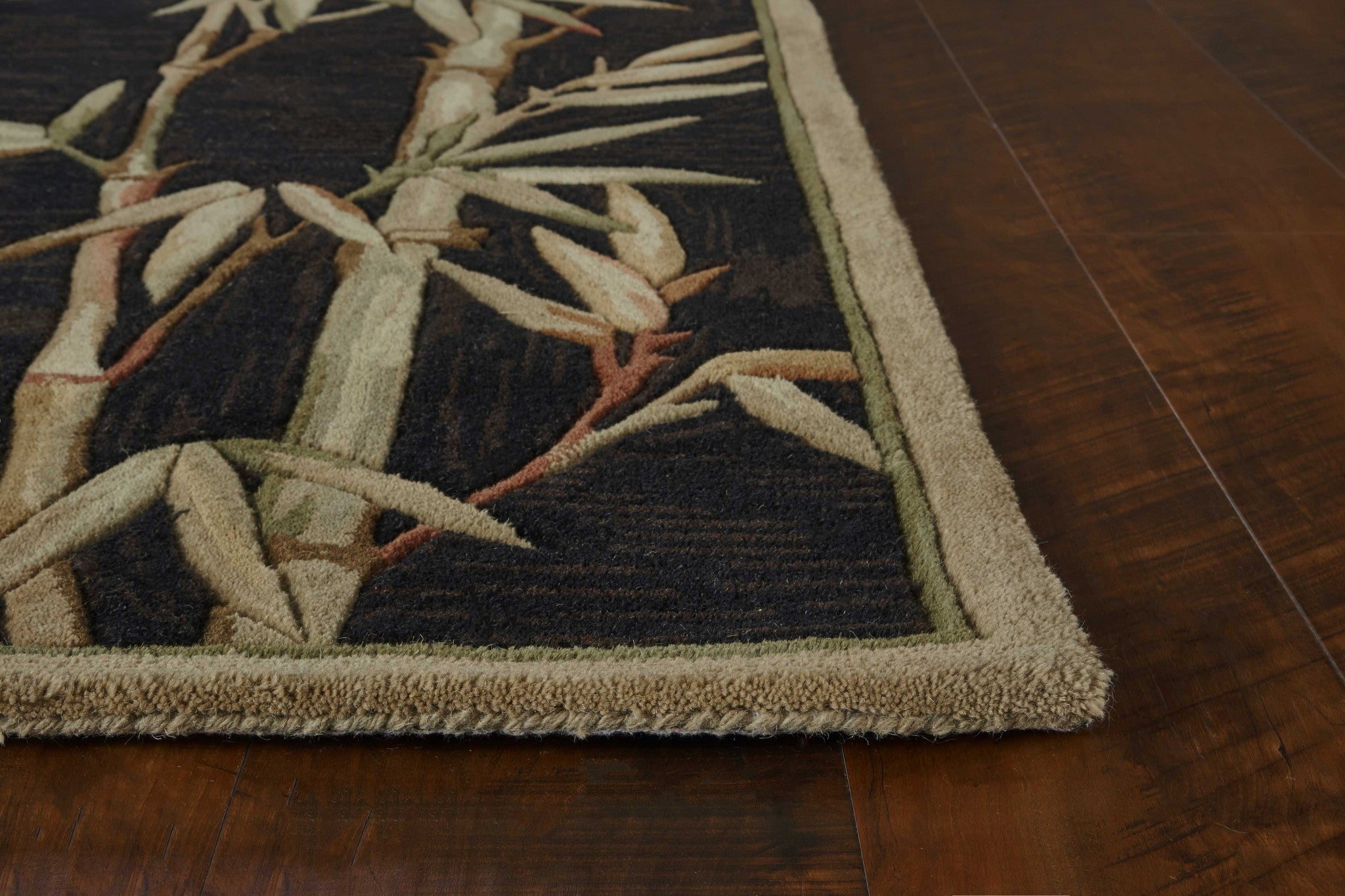 8' X 11' Black Green And Brown Wool Tropical Botanical Hand Tufted Area Rug-Area Rugs-DECOROLALA