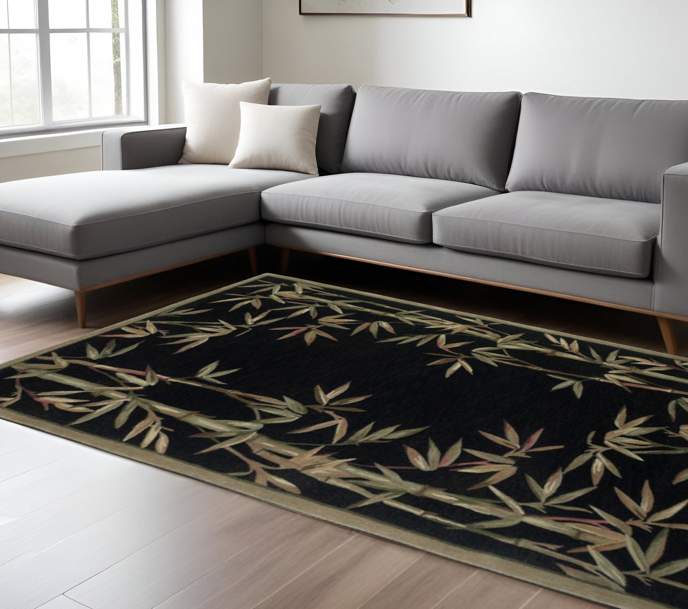 8' X 11' Black Green And Brown Wool Tropical Botanical Hand Tufted Area Rug-Area Rugs-DECOROLALA