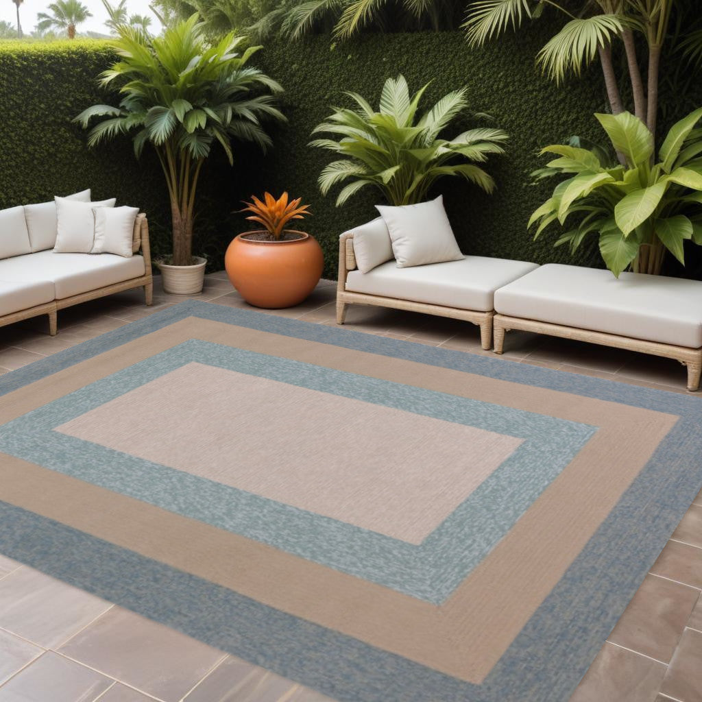 8' X 11' Blue And Beige Handmade Indoor Outdoor Area Rug-Outdoor Rugs-DECOROLALA