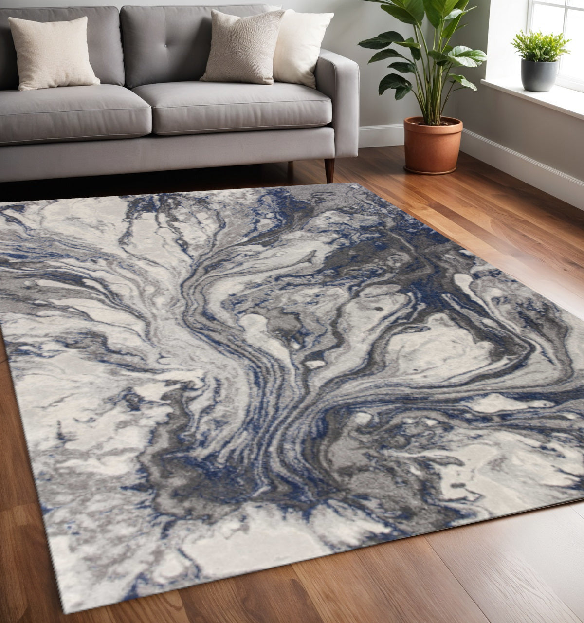 8' X 11' Blue And Gray Abstract Area Rug-Area Rugs-DECOROLALA