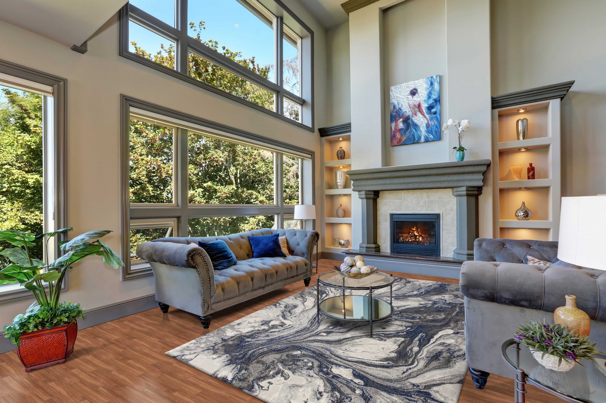 8' X 11' Blue And Gray Abstract Area Rug-Area Rugs-DECOROLALA