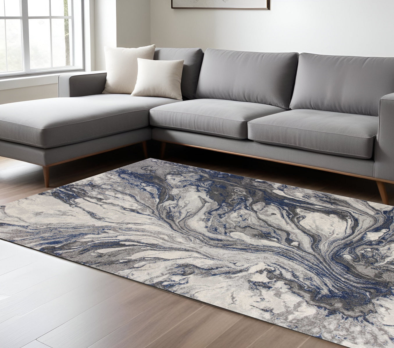 8' X 11' Blue And Gray Abstract Area Rug-Area Rugs-DECOROLALA