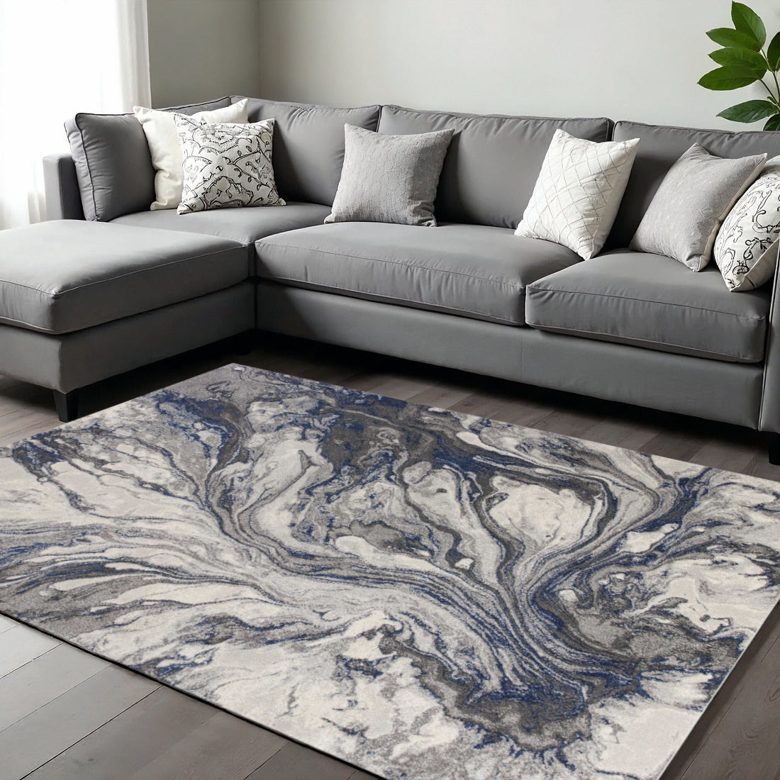 8' X 11' Blue And Gray Abstract Area Rug-Area Rugs-DECOROLALA