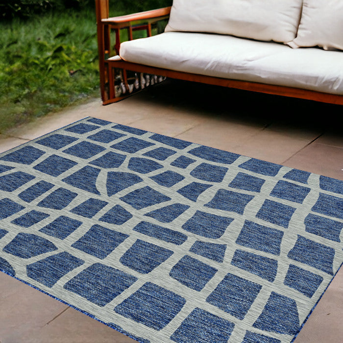 8' X 11' Blue And Gray Abstract Indoor Outdoor Area Rug-Outdoor Rugs-DECOROLALA