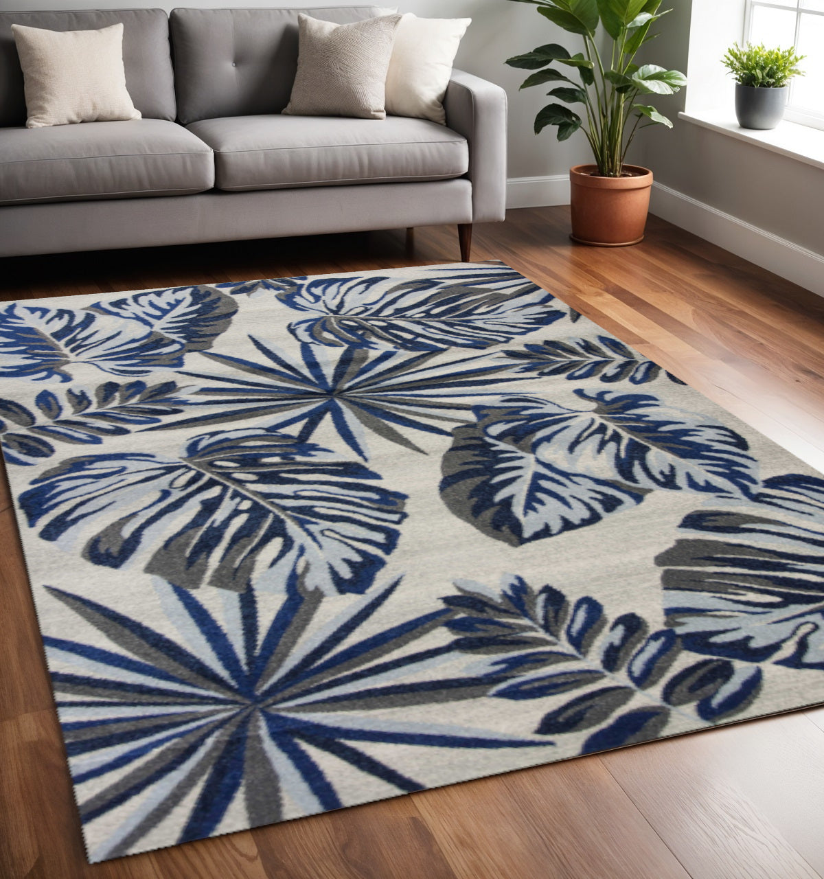 8' X 11' Blue And Gray Botanical Leaves Area Rug-Area Rugs-DECOROLALA