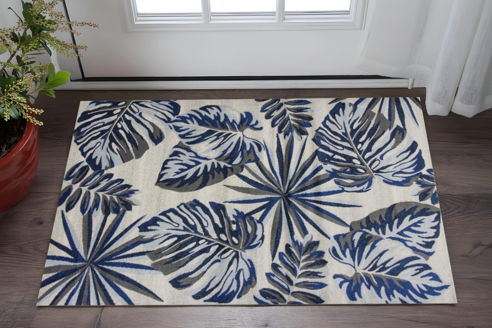 8' X 11' Blue And Gray Botanical Leaves Area Rug-Area Rugs-DECOROLALA