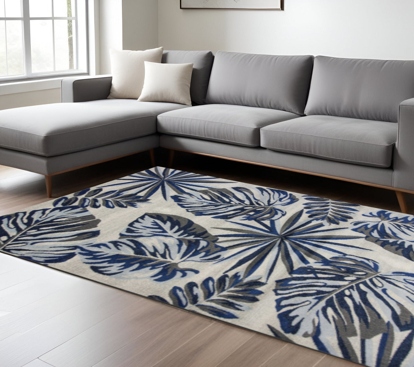 8' X 11' Blue And Gray Botanical Leaves Area Rug-Area Rugs-DECOROLALA