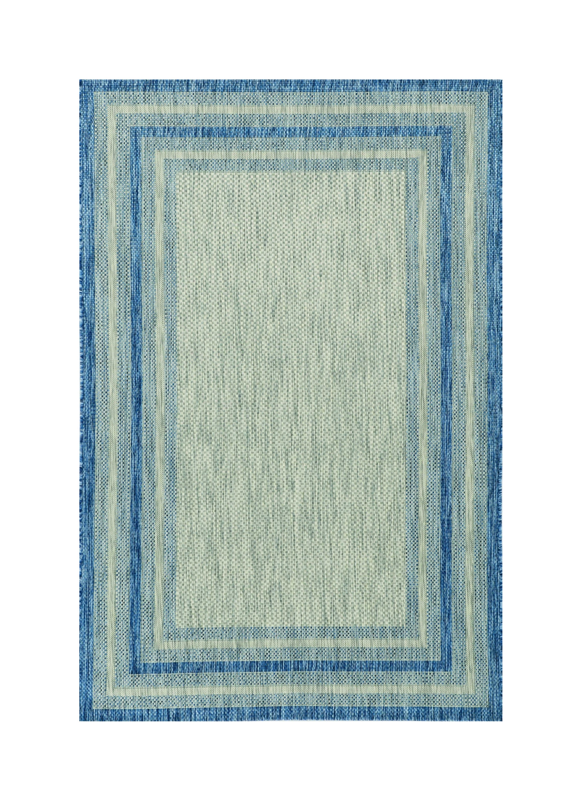 8' X 11' Blue And Gray Striped Indoor Outdoor Area Rug-Outdoor Rugs-DECOROLALA