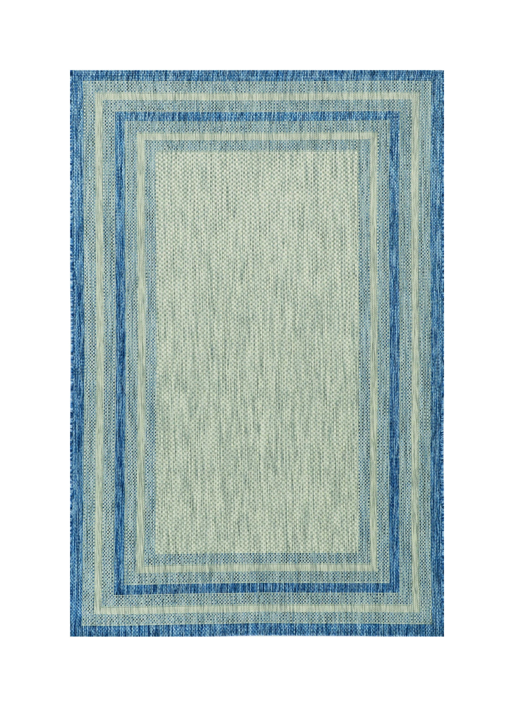 8' X 11' Blue And Gray Striped Indoor Outdoor Area Rug-Outdoor Rugs-DECOROLALA