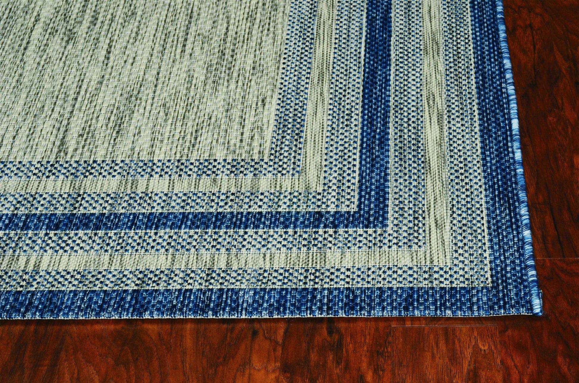 8' X 11' Blue And Gray Striped Indoor Outdoor Area Rug-Outdoor Rugs-DECOROLALA