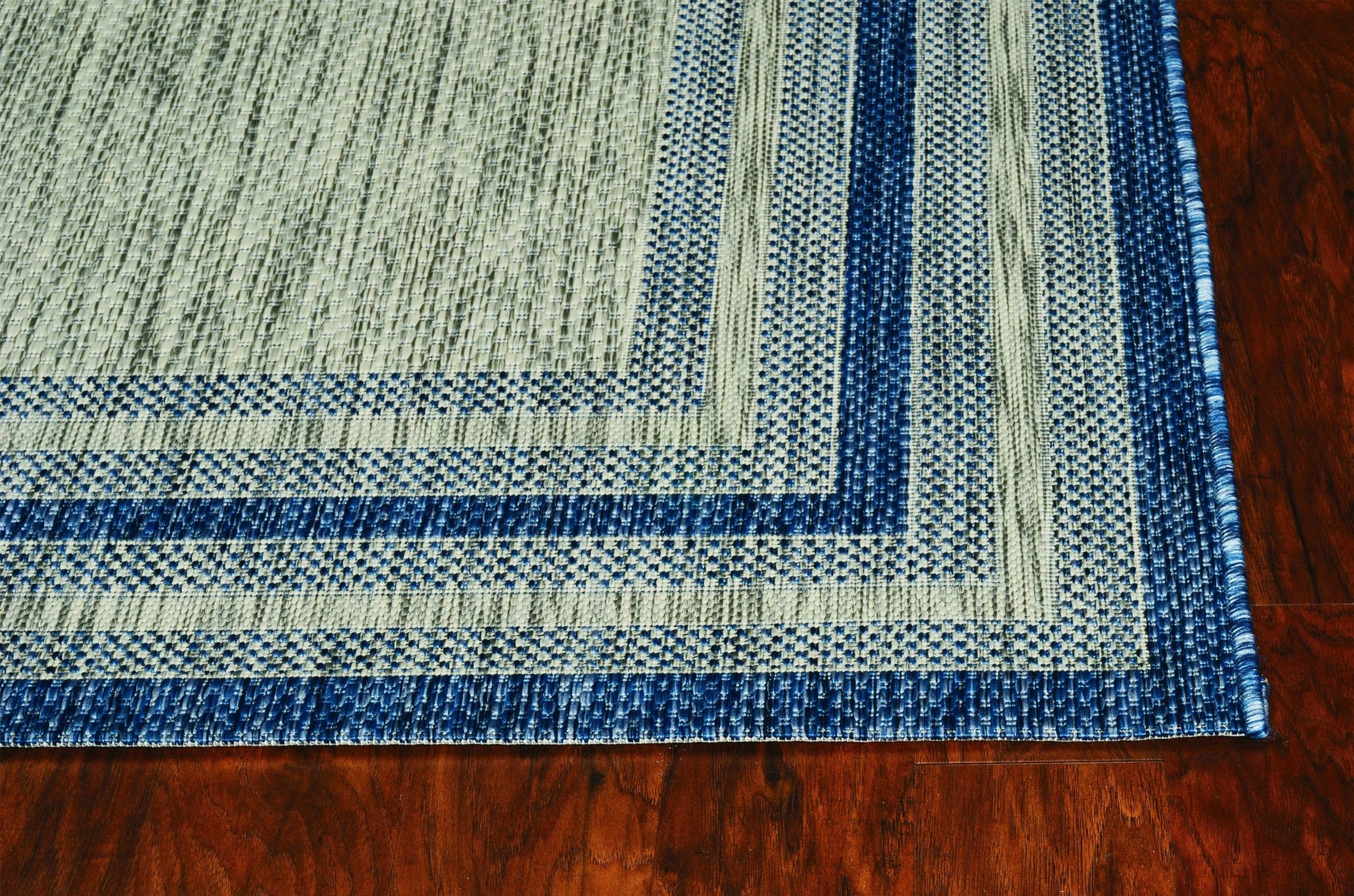 8' X 11' Blue And Gray Striped Indoor Outdoor Area Rug-Outdoor Rugs-DECOROLALA