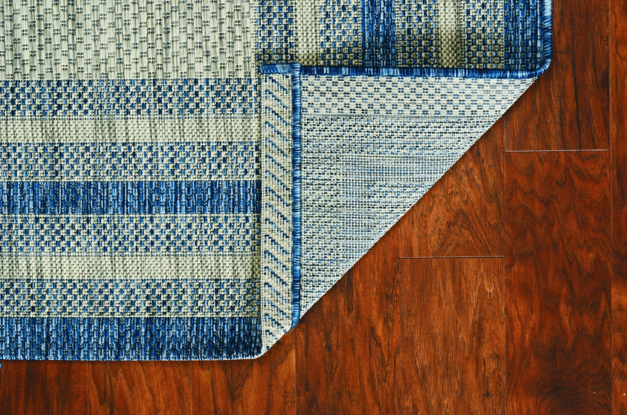 8' X 11' Blue And Gray Striped Indoor Outdoor Area Rug-Outdoor Rugs-DECOROLALA
