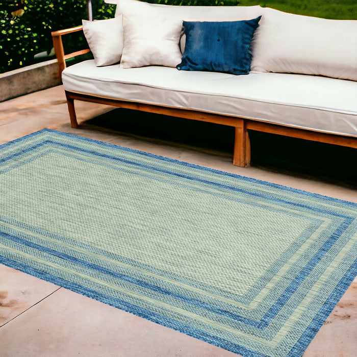 8' X 11' Blue And Gray Striped Indoor Outdoor Area Rug-Outdoor Rugs-DECOROLALA