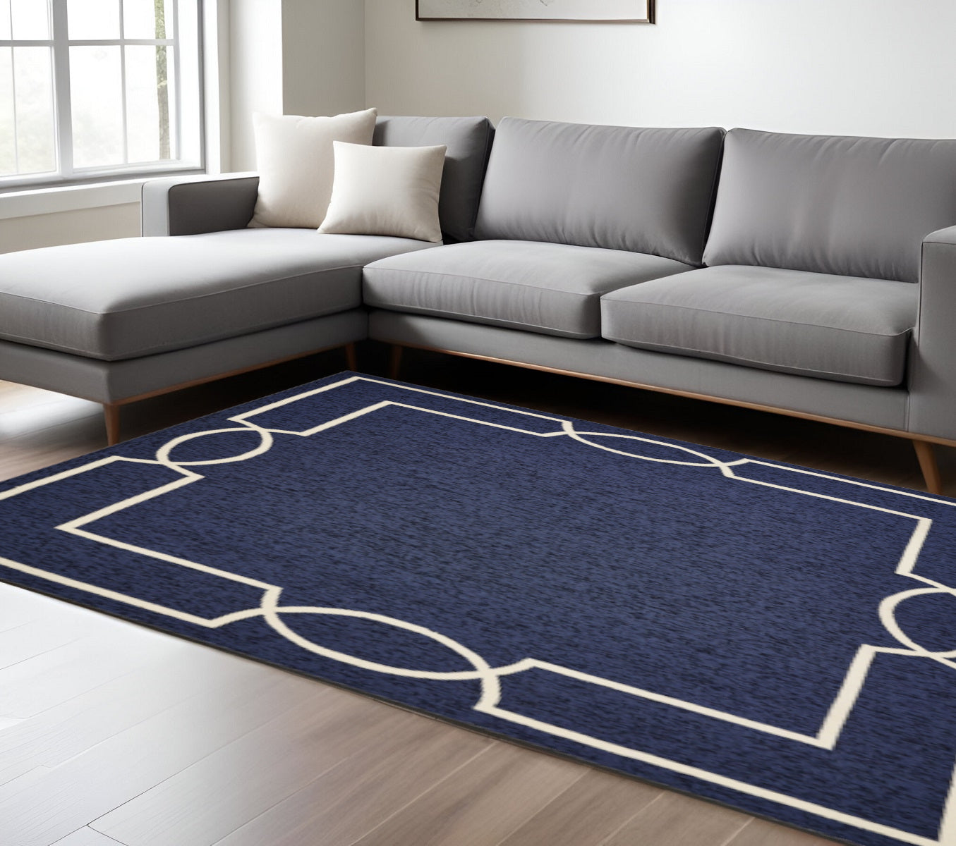 8' X 11' Blue And Ivory Geometric Hand Hooked Area Rug-Area Rugs-DECOROLALA