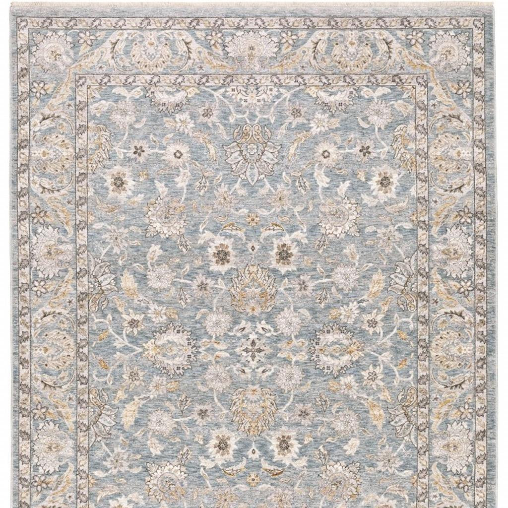 8' X 11' Blue And Ivory Oriental Distressed Area Rug-Area Rugs-DECOROLALA