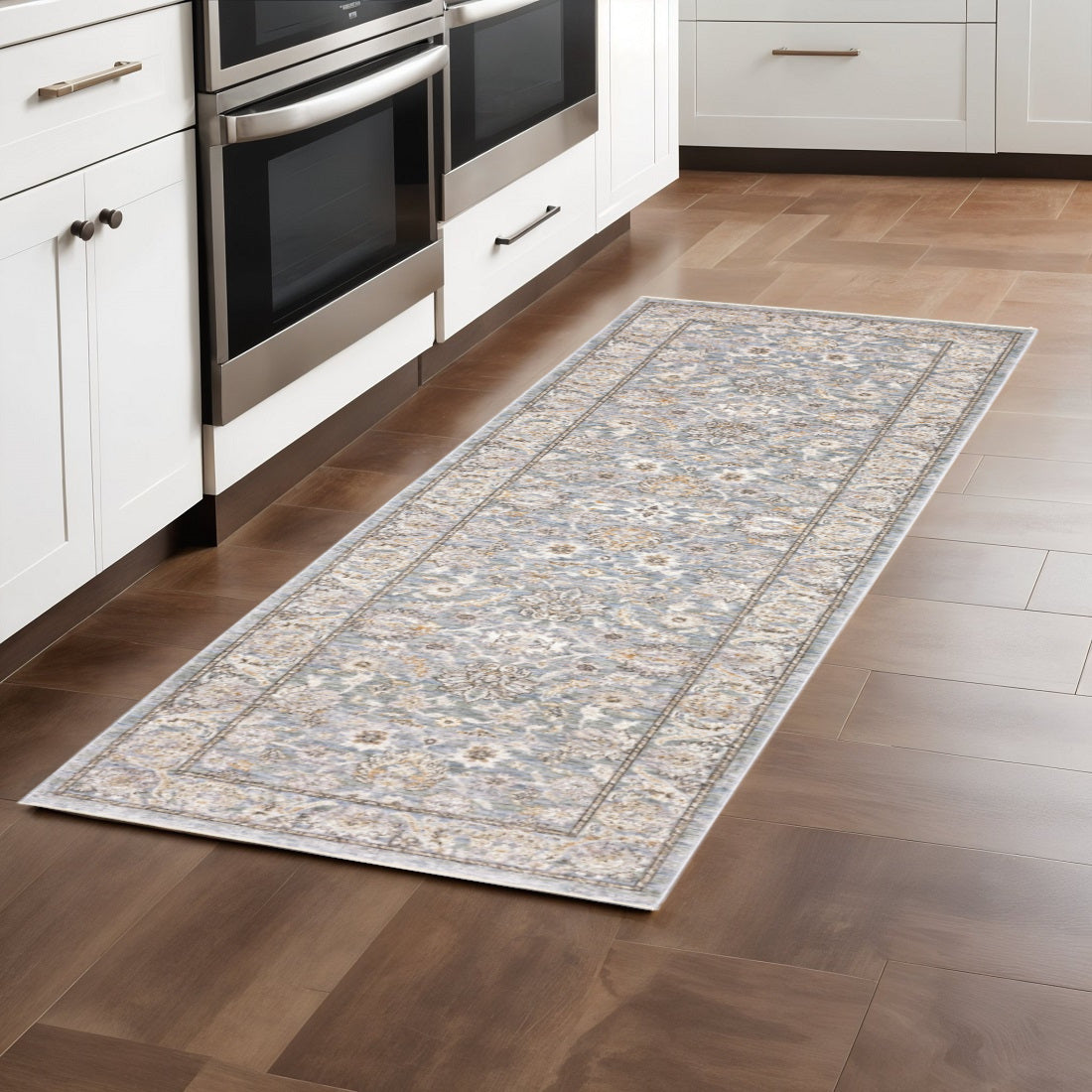 8' X 11' Blue And Ivory Oriental Distressed Area Rug-Area Rugs-DECOROLALA