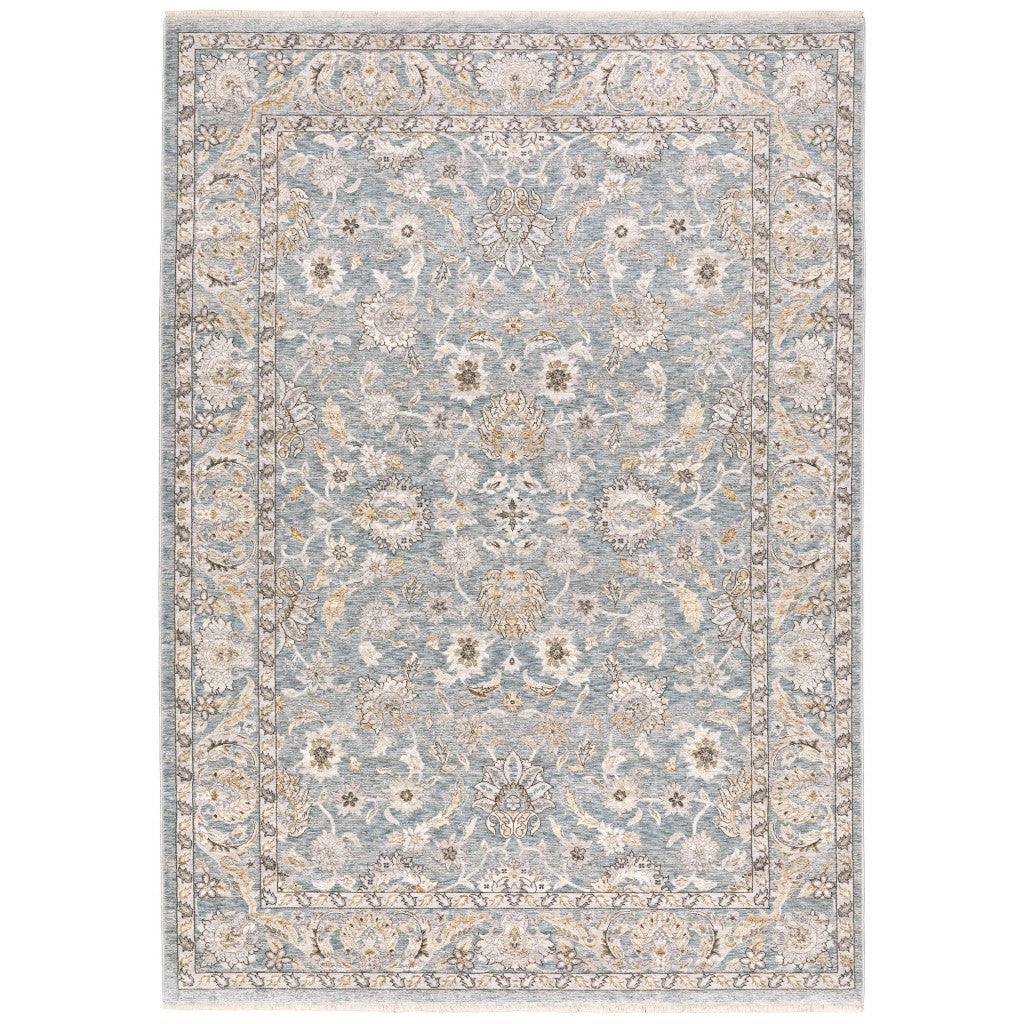 8' X 11' Blue And Ivory Oriental Distressed Area Rug-Area Rugs-DECOROLALA