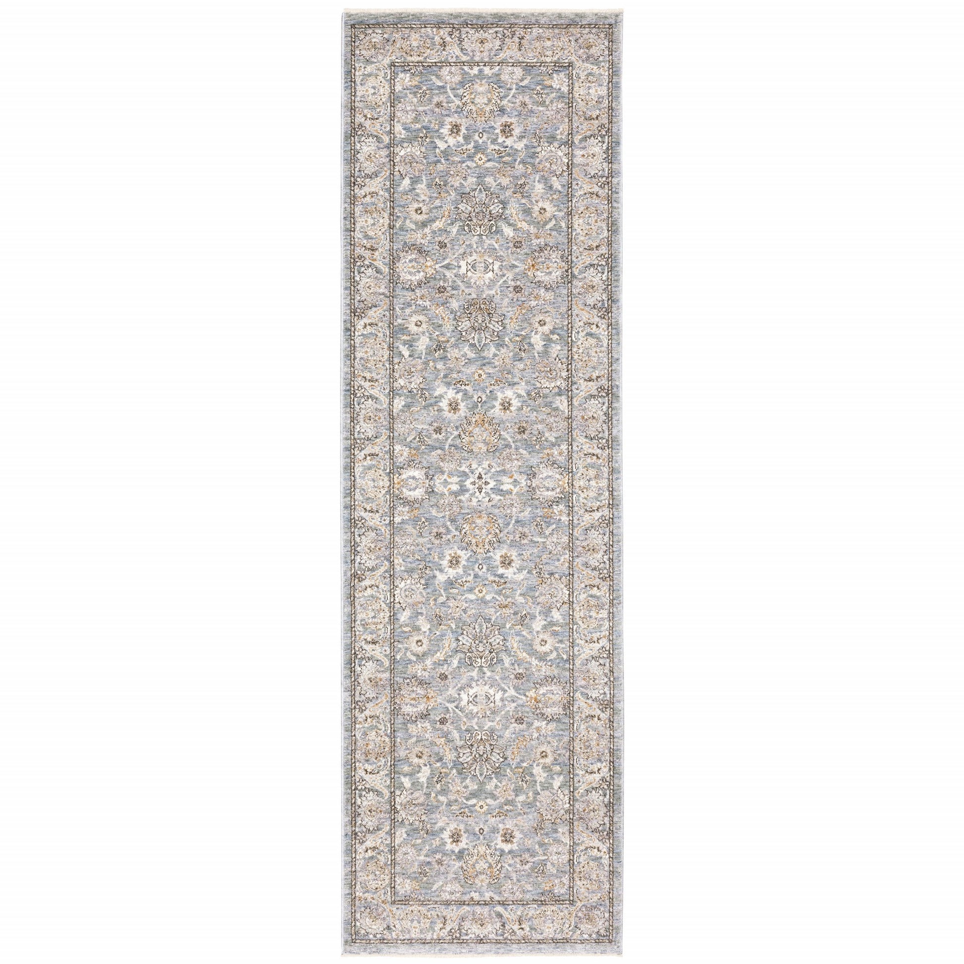 8' X 11' Blue And Ivory Oriental Distressed Area Rug-Area Rugs-DECOROLALA
