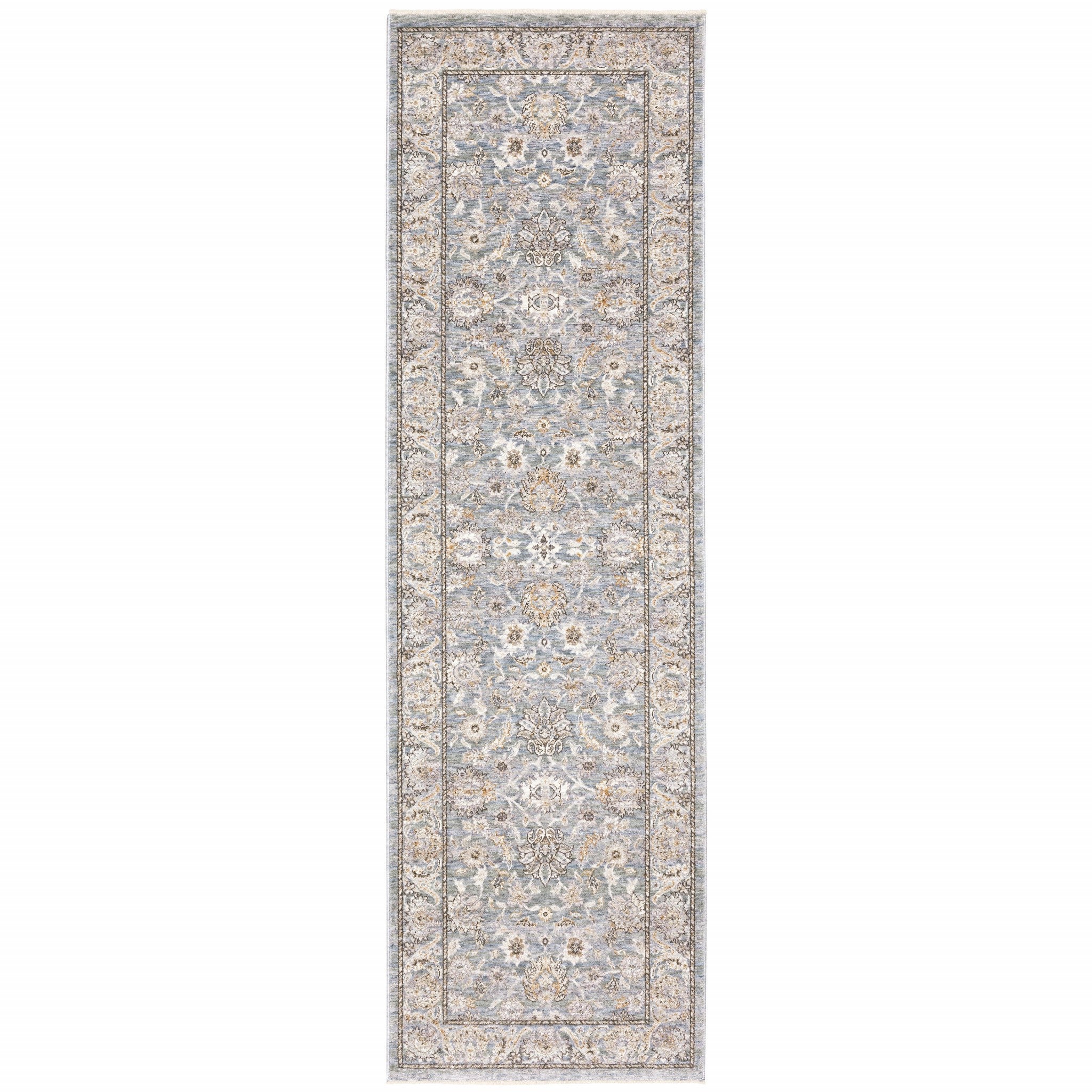 8' X 11' Blue And Ivory Oriental Distressed Area Rug-Area Rugs-DECOROLALA