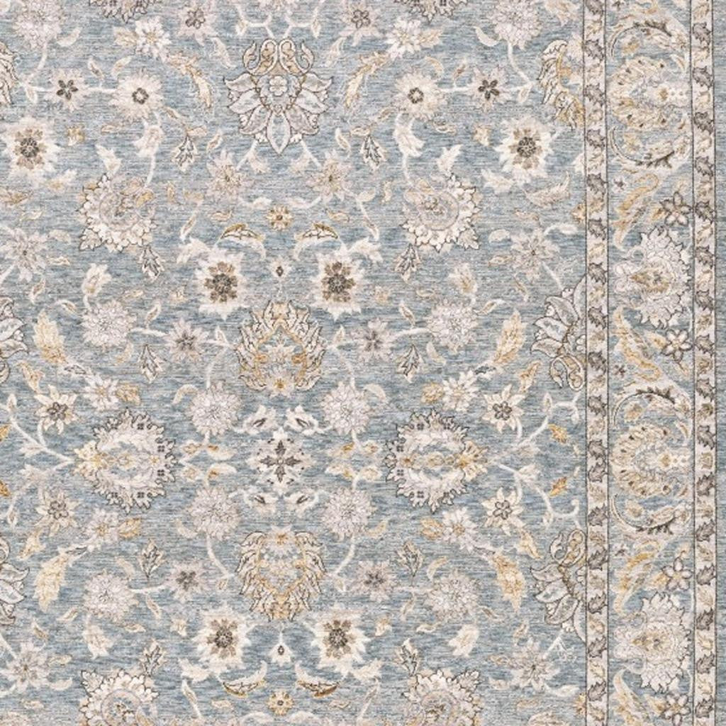 8' X 11' Blue And Ivory Oriental Distressed Area Rug-Area Rugs-DECOROLALA