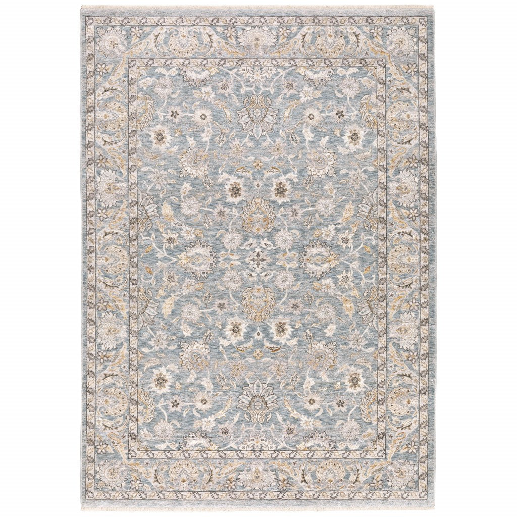 8' X 11' Blue And Ivory Oriental Distressed Area Rug-Area Rugs-DECOROLALA