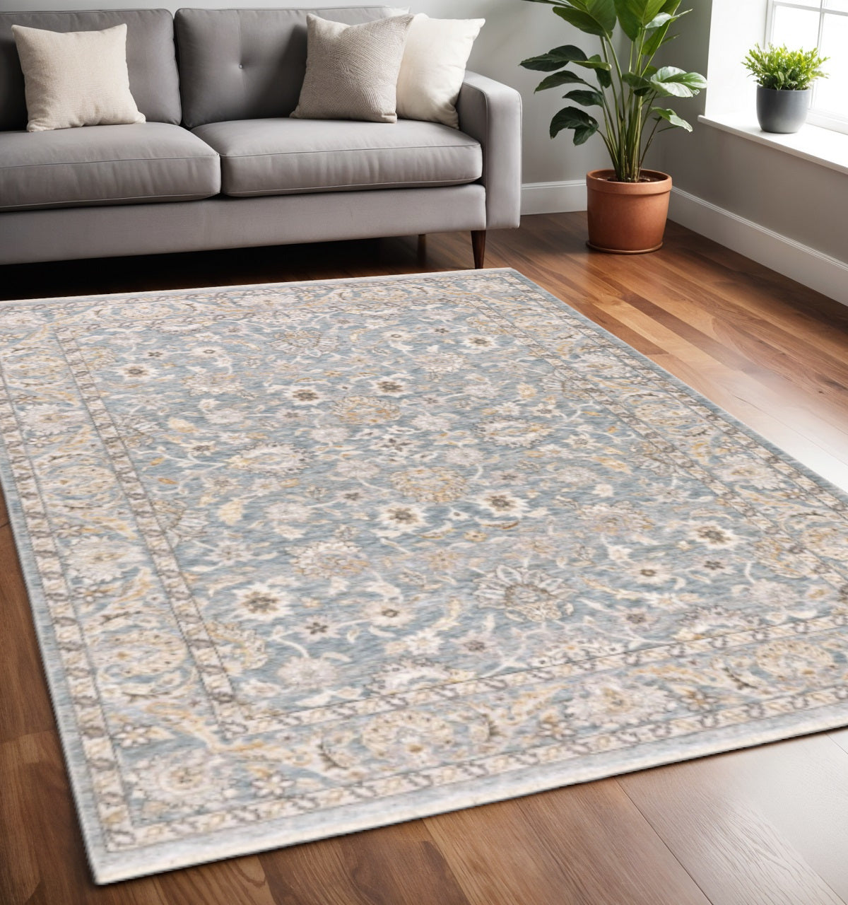 8' X 11' Blue And Ivory Oriental Distressed Area Rug-Area Rugs-DECOROLALA
