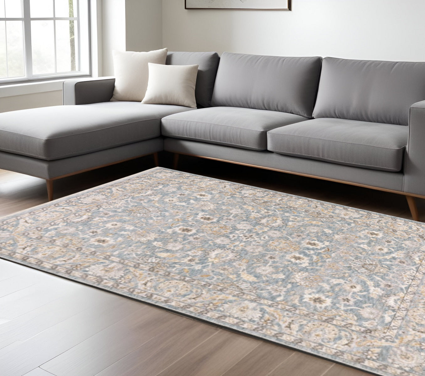 8' X 11' Blue And Ivory Oriental Distressed Area Rug-Area Rugs-DECOROLALA