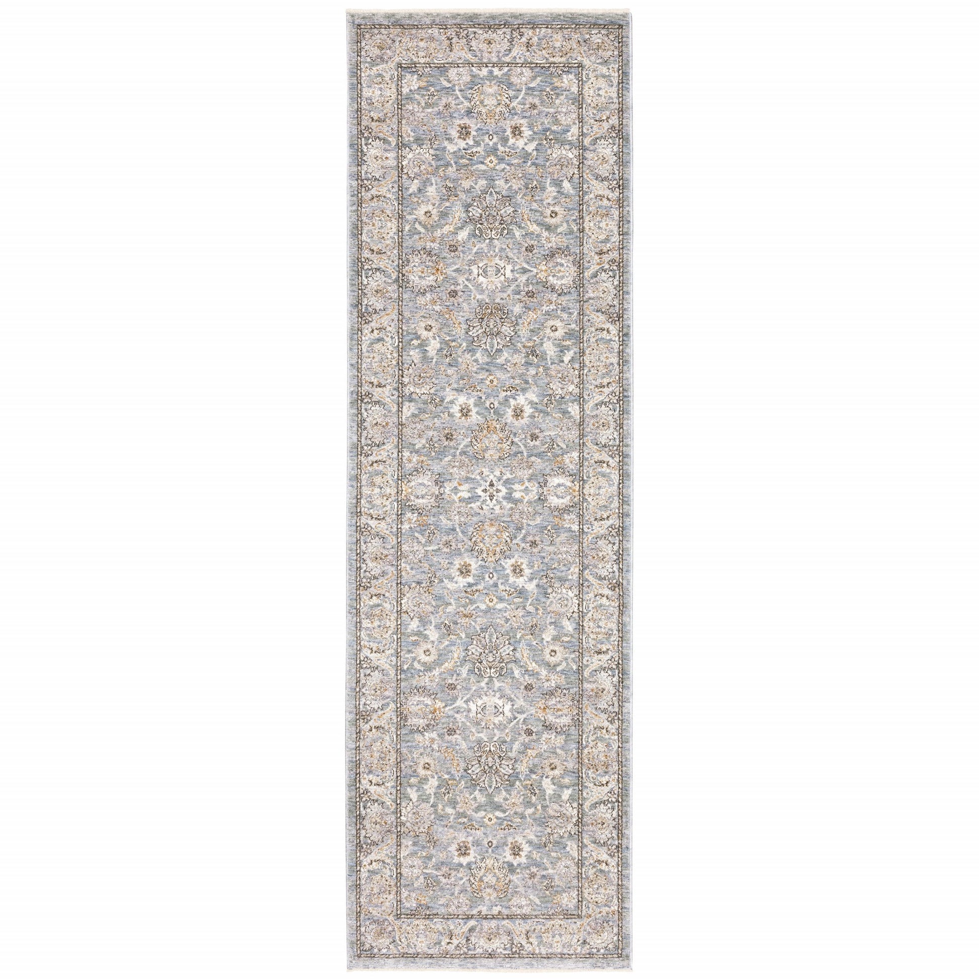 8' X 11' Blue And Ivory Oriental Distressed Area Rug-Area Rugs-DECOROLALA