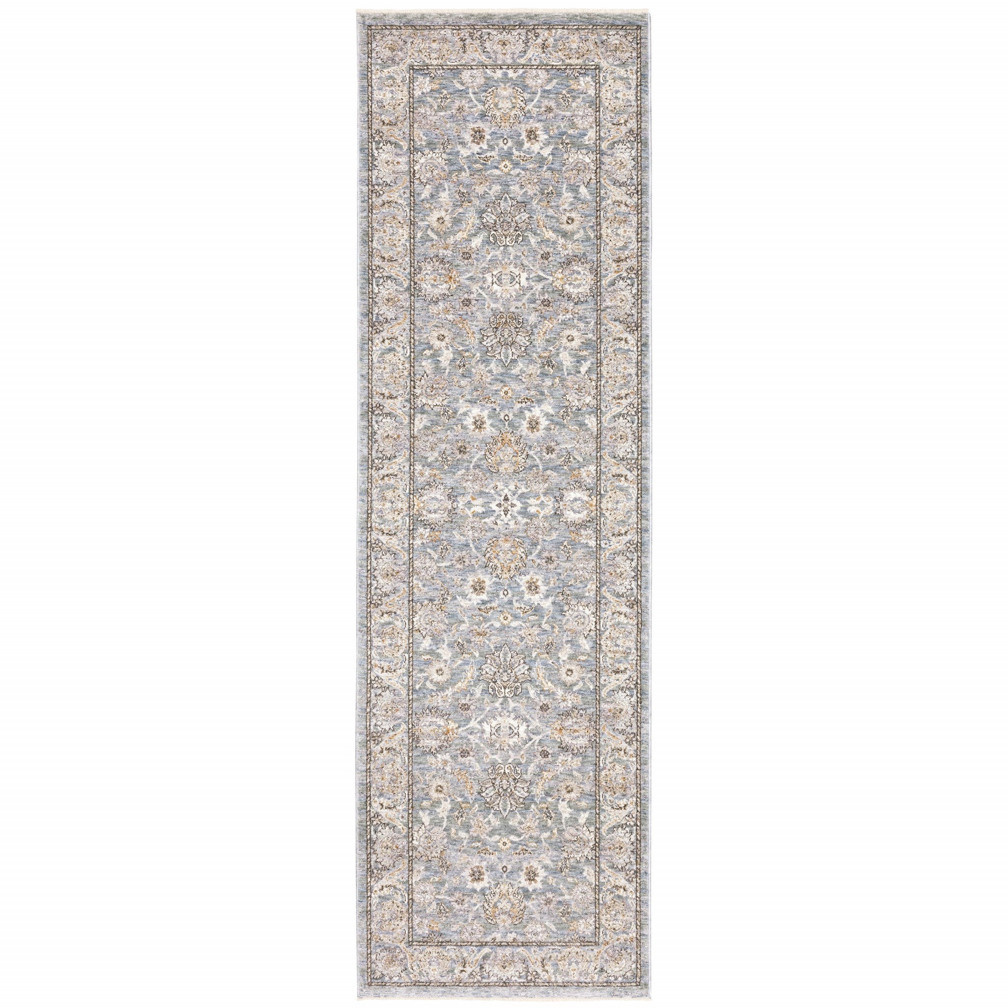 8' X 11' Blue And Ivory Oriental Distressed Area Rug-Area Rugs-DECOROLALA