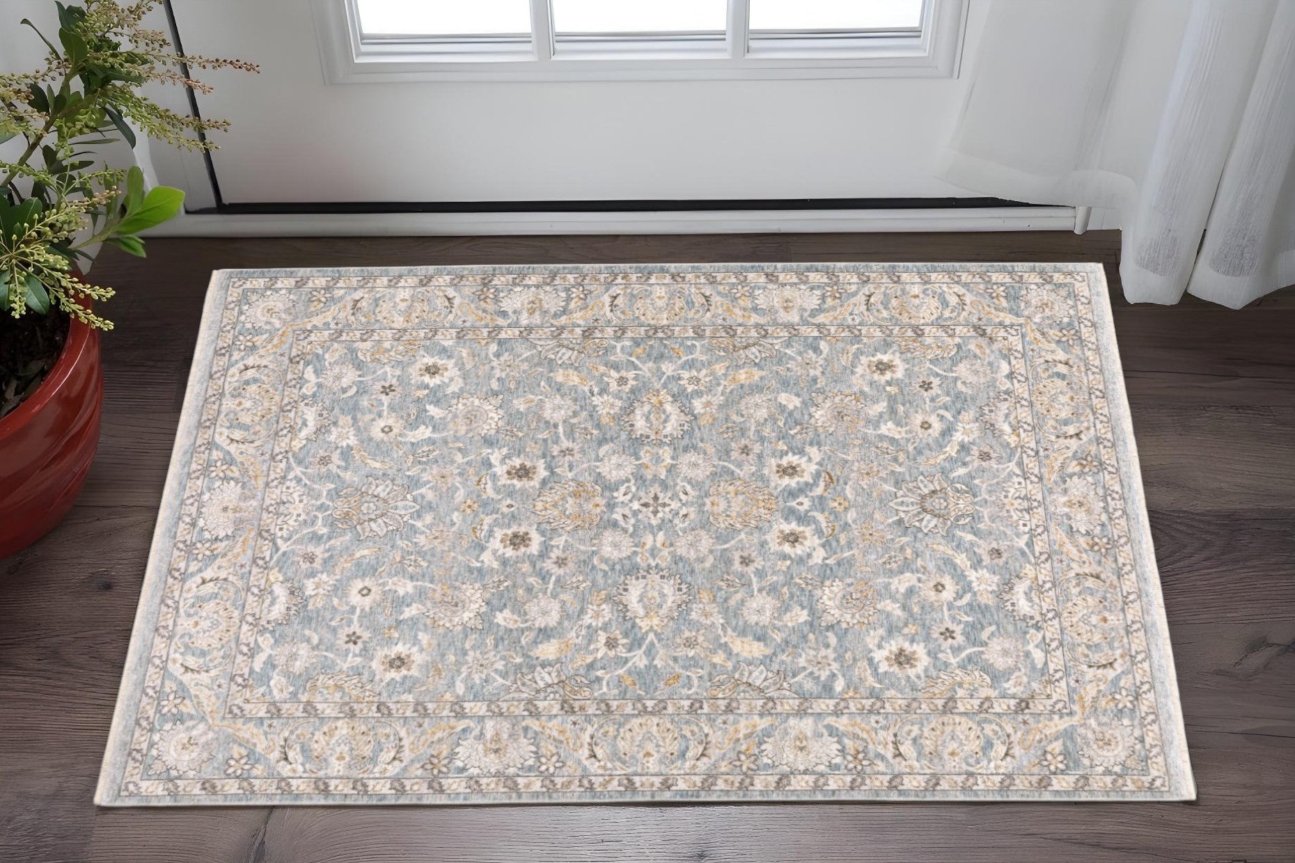 8' X 11' Blue And Ivory Oriental Distressed Area Rug-Area Rugs-DECOROLALA