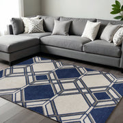 8' X 11' Blue Ivory And Gray Geometric Area Rug-Area Rugs-DECOROLALA