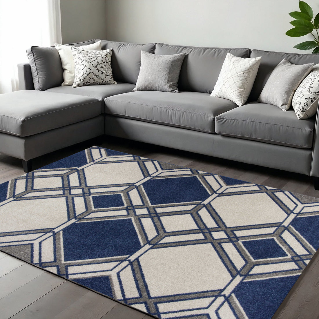 8' X 11' Blue Ivory And Gray Geometric Area Rug-Area Rugs-DECOROLALA