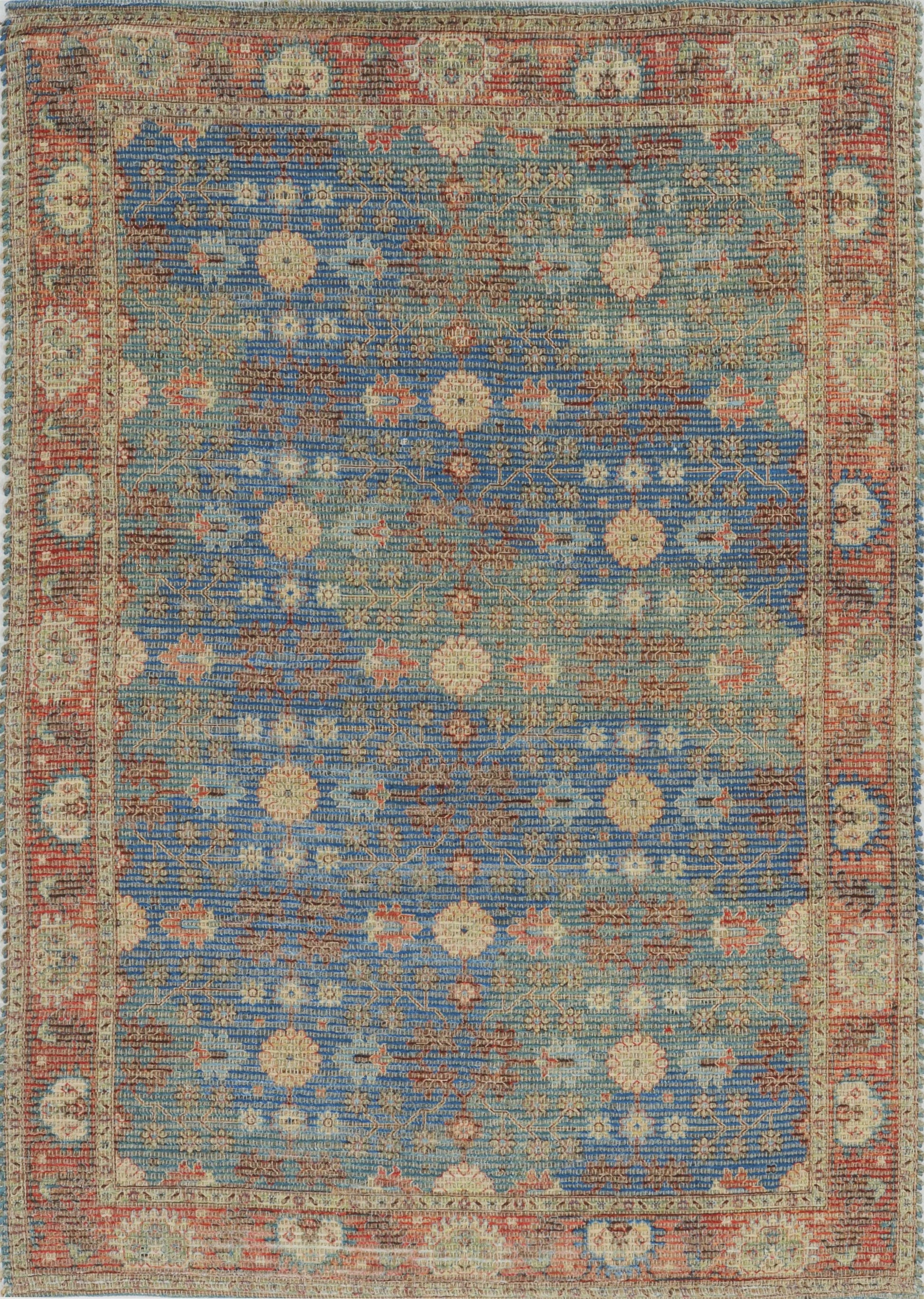 8' X 11' Blue Red And Beige Jute Floral Medallion Handmade Area Rug-Area Rugs-DECOROLALA