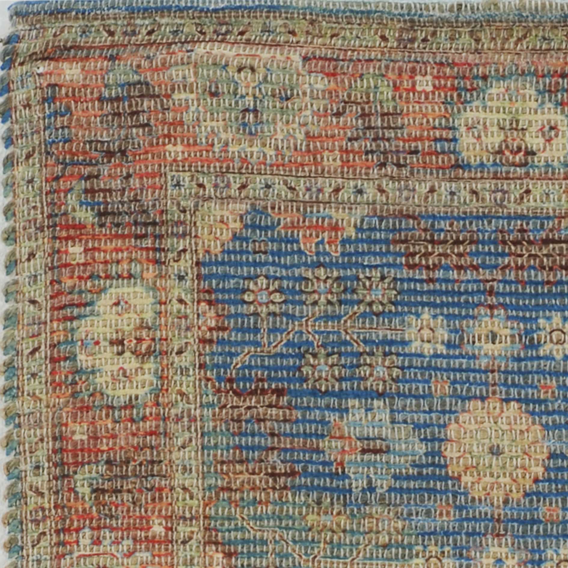 8' X 11' Blue Red And Beige Jute Floral Medallion Handmade Area Rug-Area Rugs-DECOROLALA