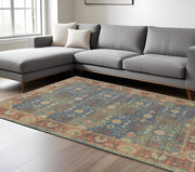 8' X 11' Blue Red And Beige Jute Floral Medallion Handmade Area Rug-Area Rugs-DECOROLALA